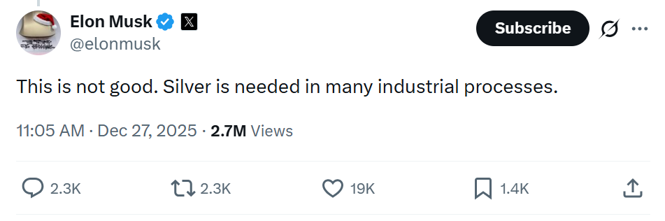 白银价格飙升，马斯克直言：这并不理想！ - 图片1